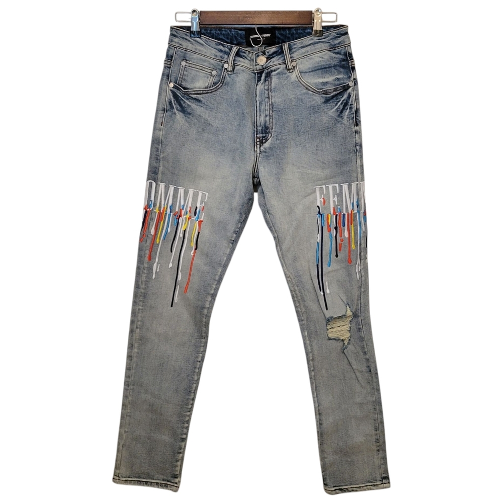 NWT Homme + Femme Letterman Men's Drip Denim Blue With White Letters Size 30/S - Picture 7 of 13